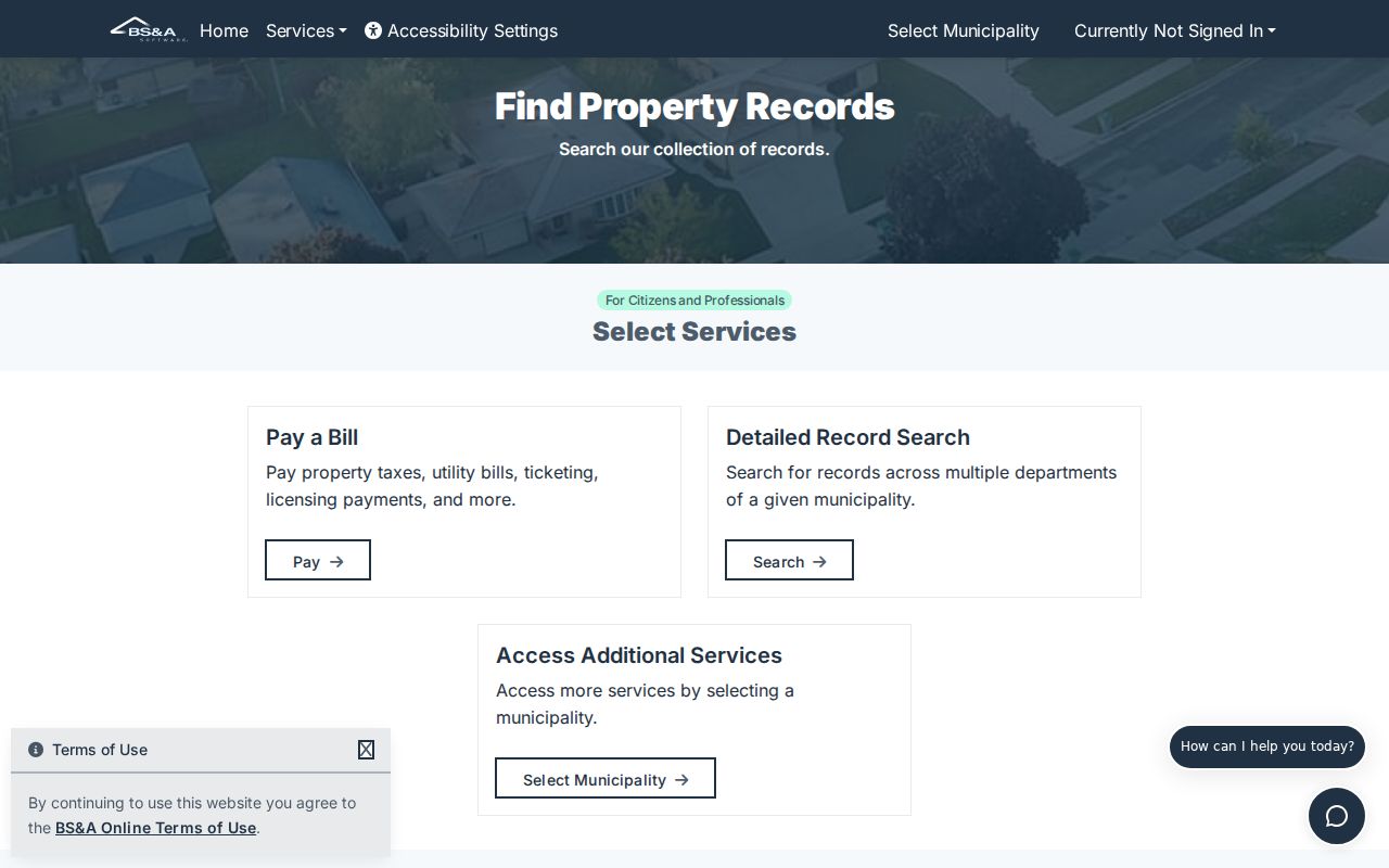 Michigan residents directory search gateway showing the BS&A municipality selector