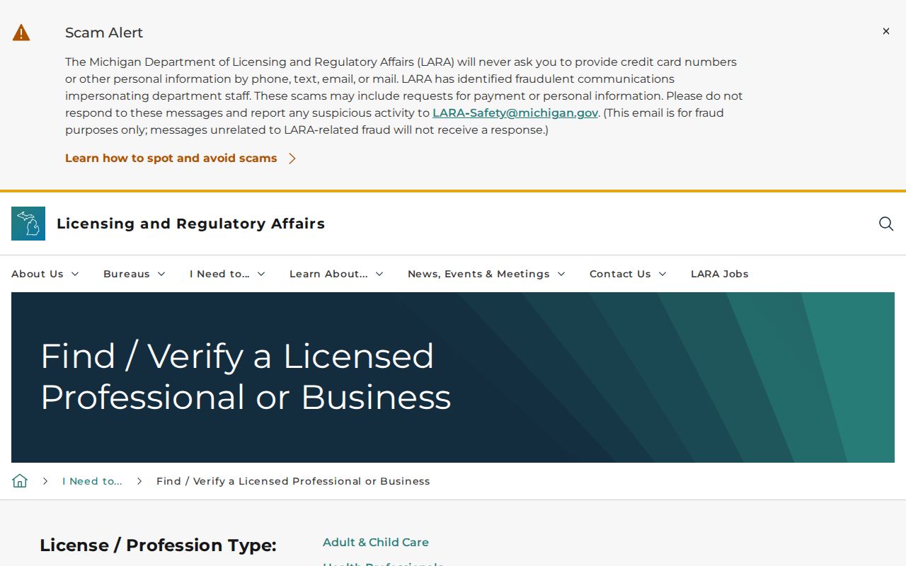 Michigan LARA business and license categories available during a resident lookup