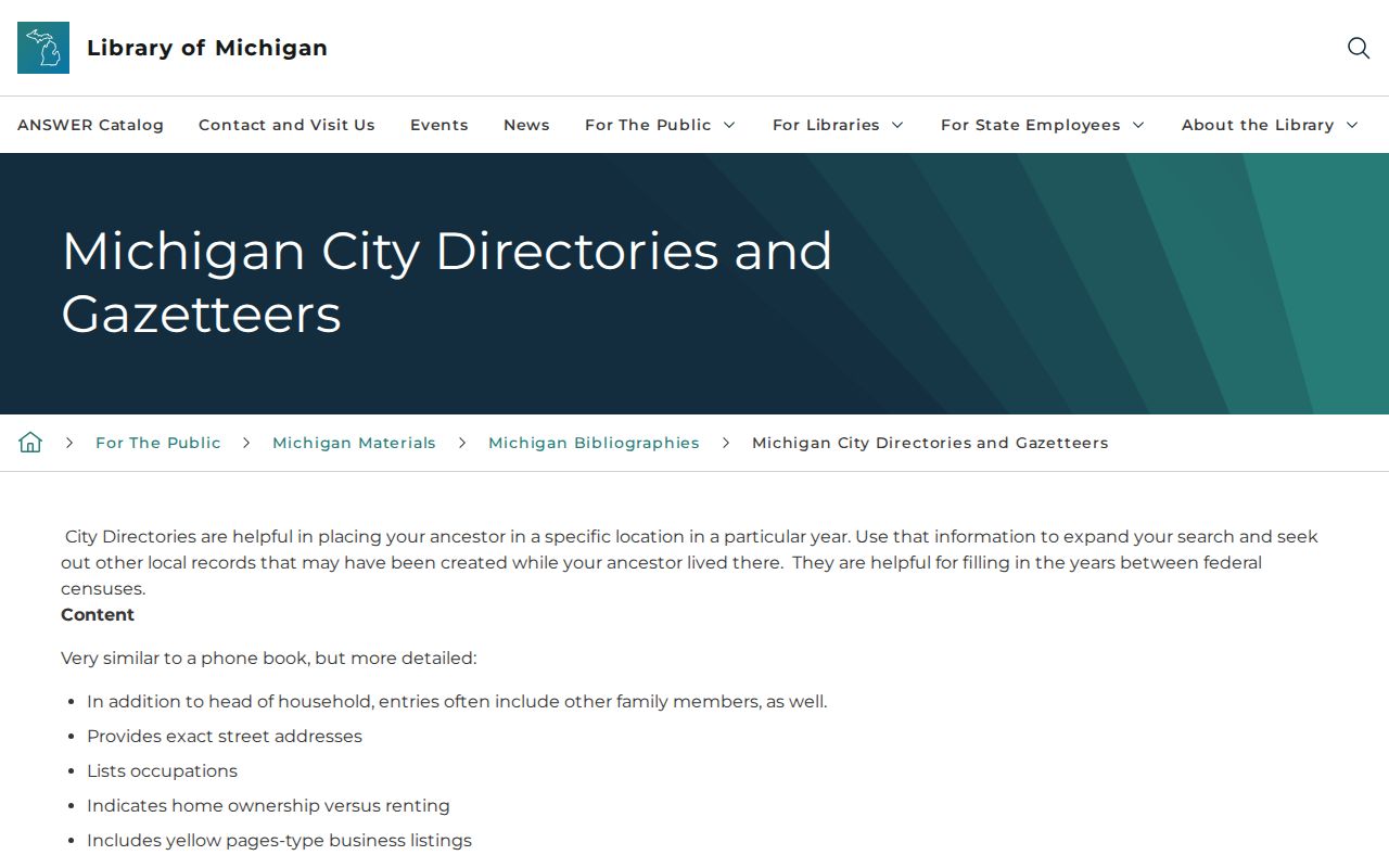 Michigan city directory guide from the Library of Michigan