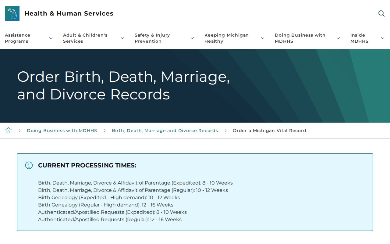 Michigan MDHHS vital record order page used during a resident lookup for an eligible copy