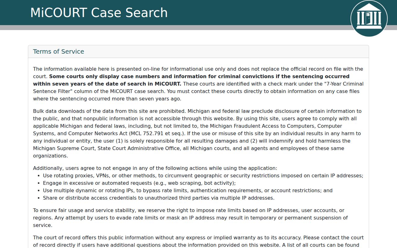 Michigan MiCOURT consent screen shown before a resident lookup of public case history
