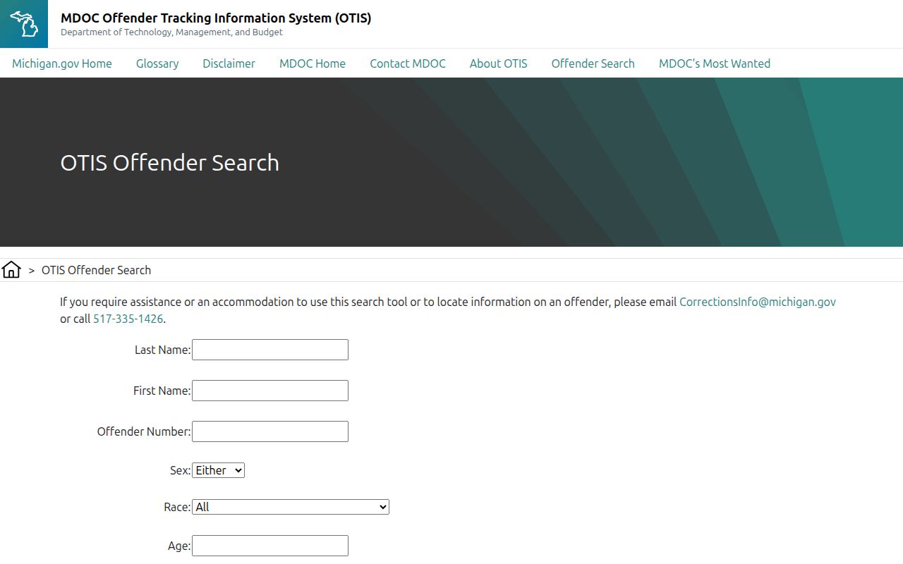 Michigan OTIS name and status fields shown for a resident lookup