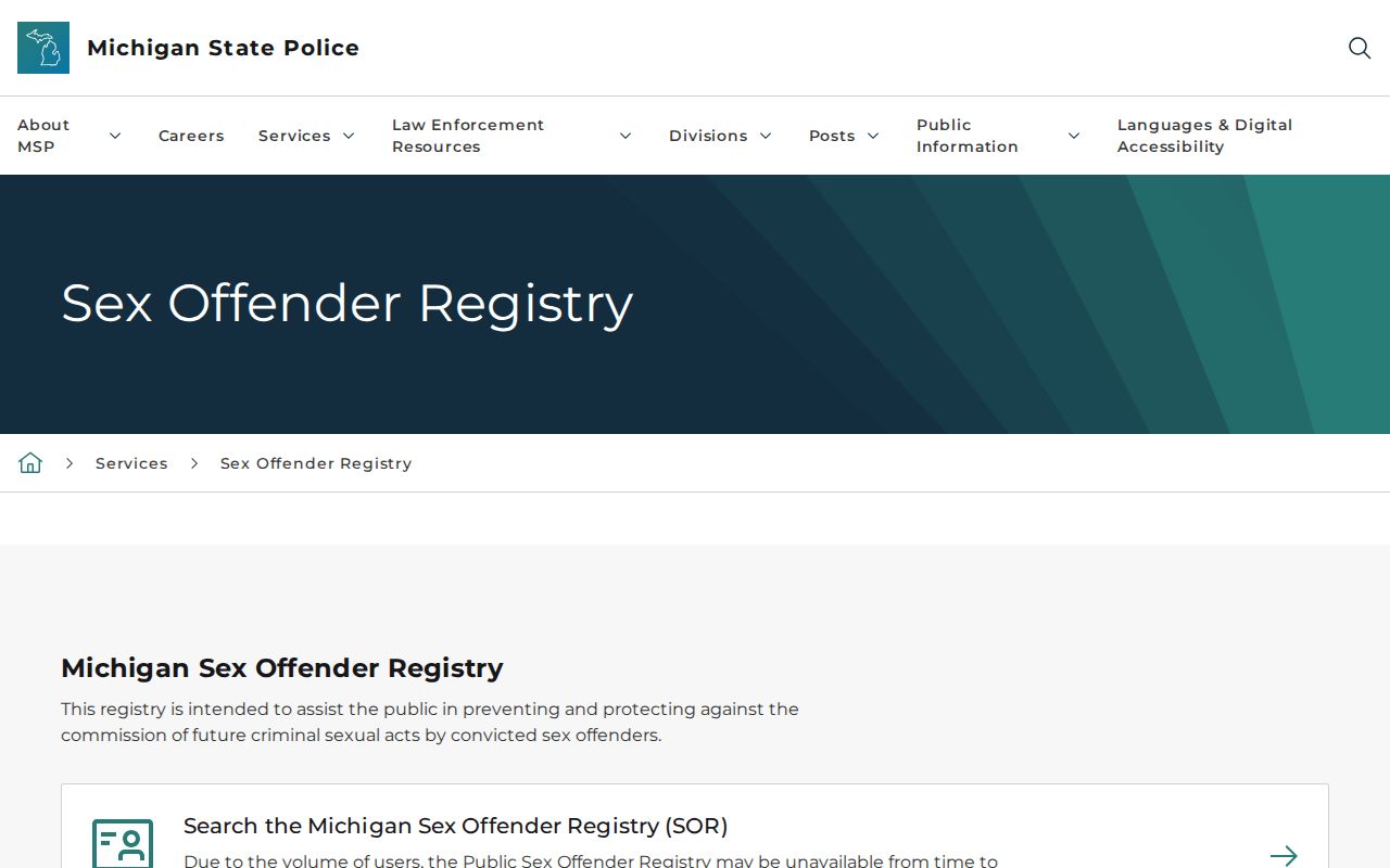 Michigan registry search modes and radius choices used during a resident lookup