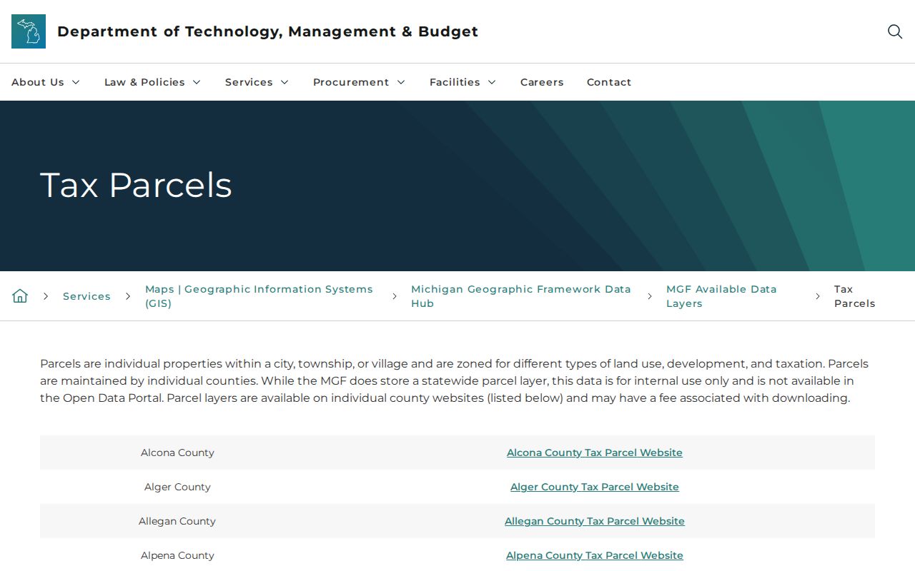 Michigan residents directory parcel lookup showing county-maintained parcel layers and county links